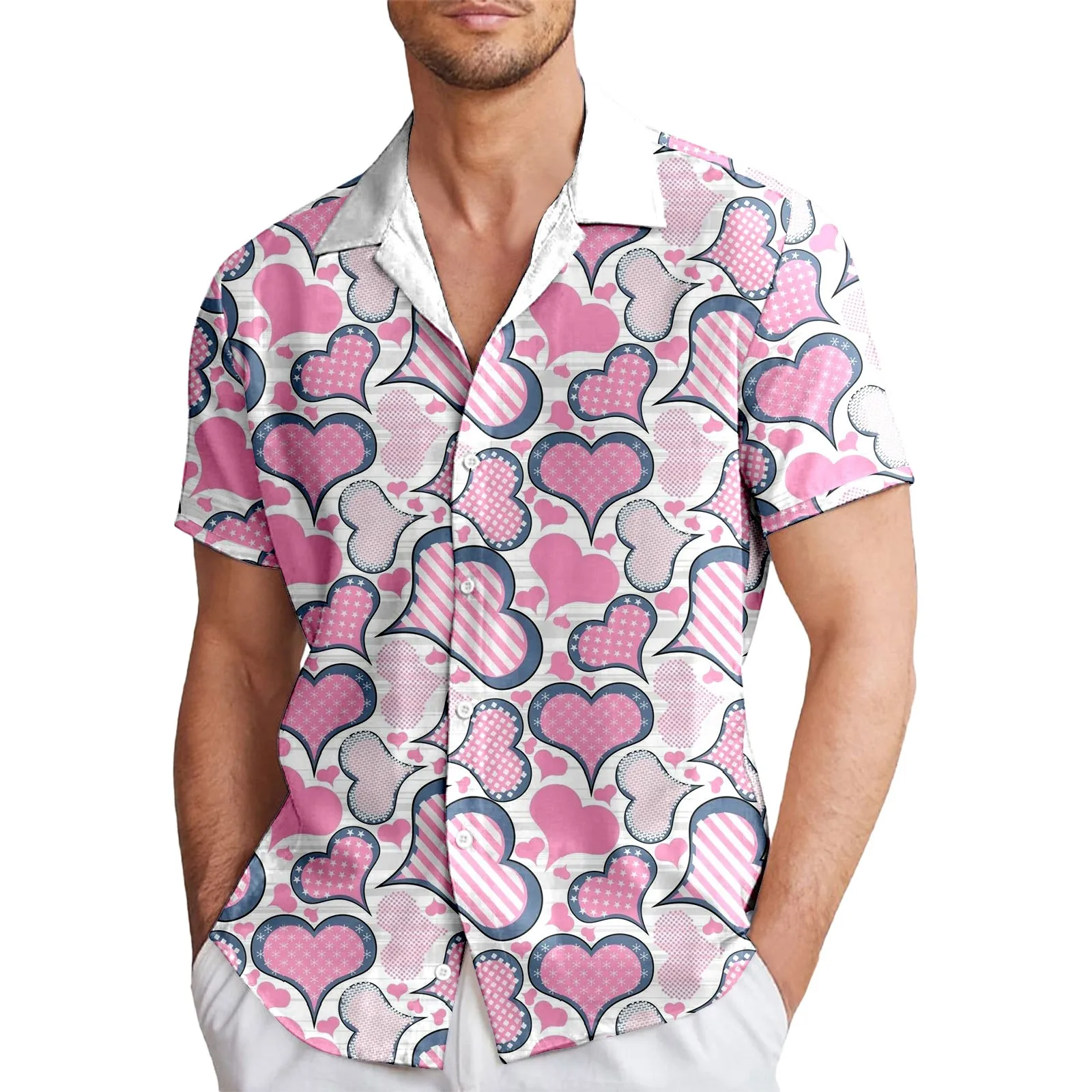 Valentine's Style Vacation Shirt Heart Shape Hawaiian Casual Shirts Men Fashion Blouses Short Sleeve Male Clothing Size S-XXXL