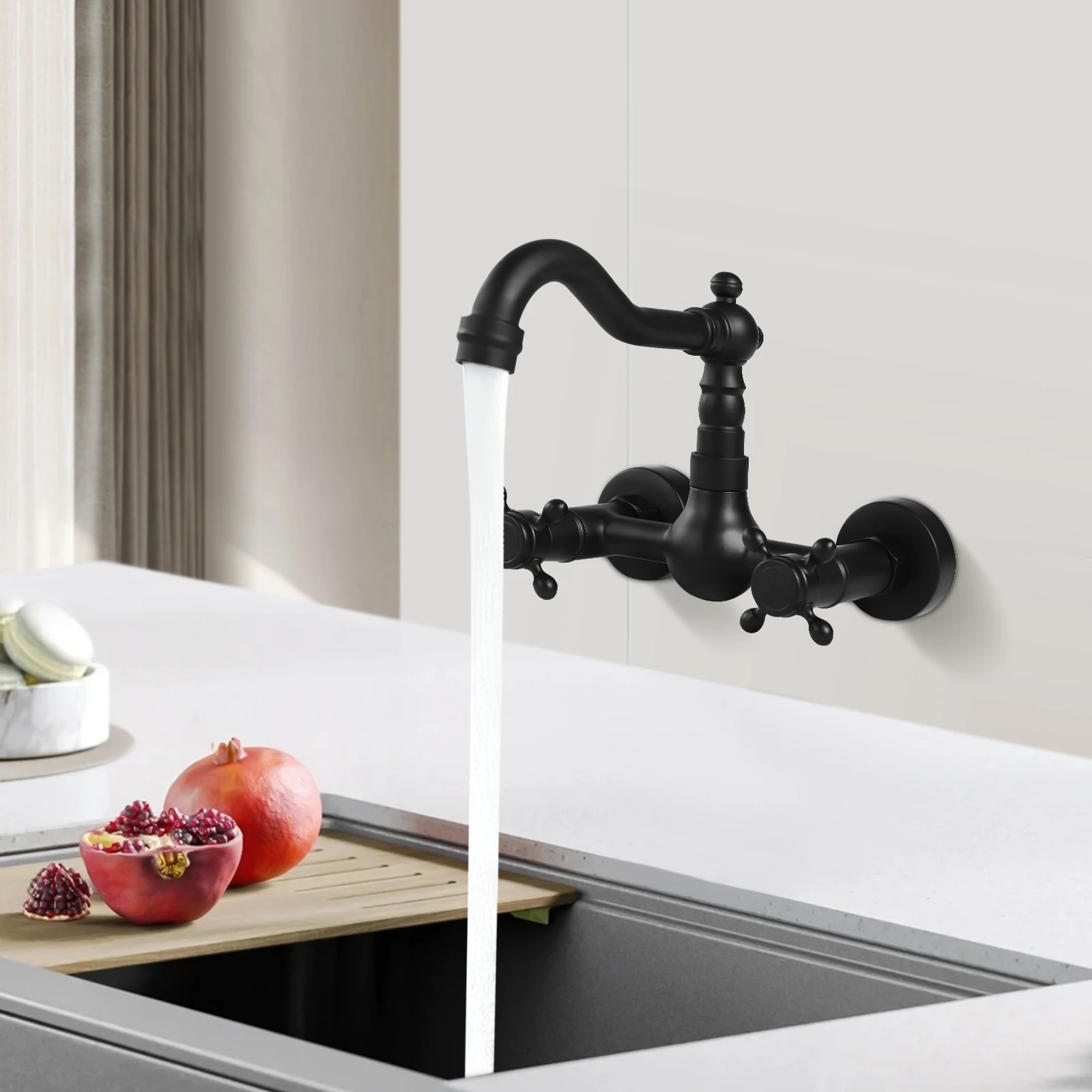 Wall Mount Kitchen Faucet Mixer Tap Double Cross Handle 360° Rotatable