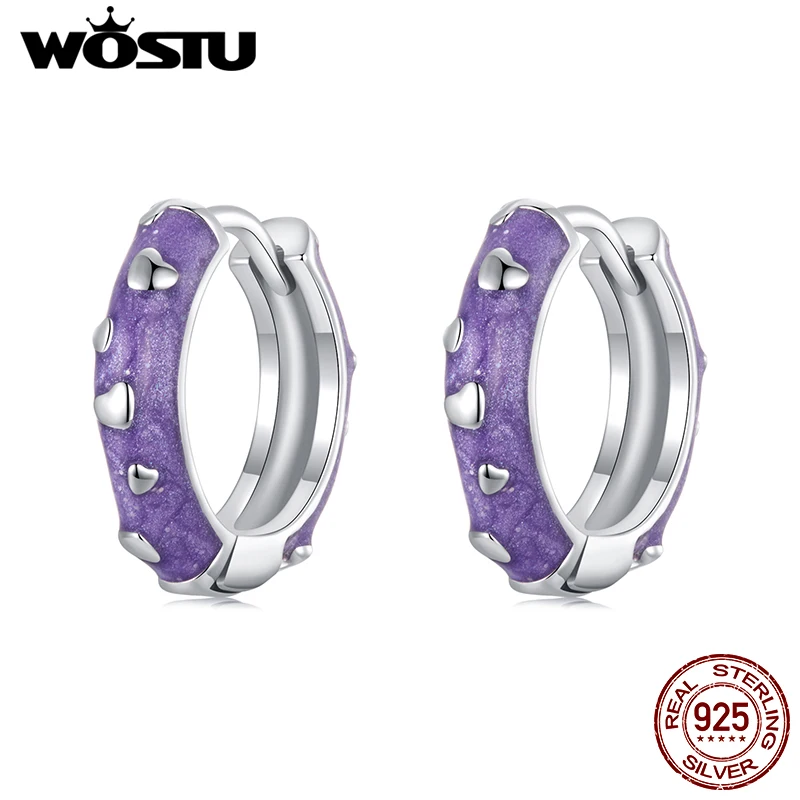 WOSTU 925 Sterling Silver Purple Heart Hoop Earrings Women exquisite Jewelry Enamel process Party Earrings Girl Daughter Gift