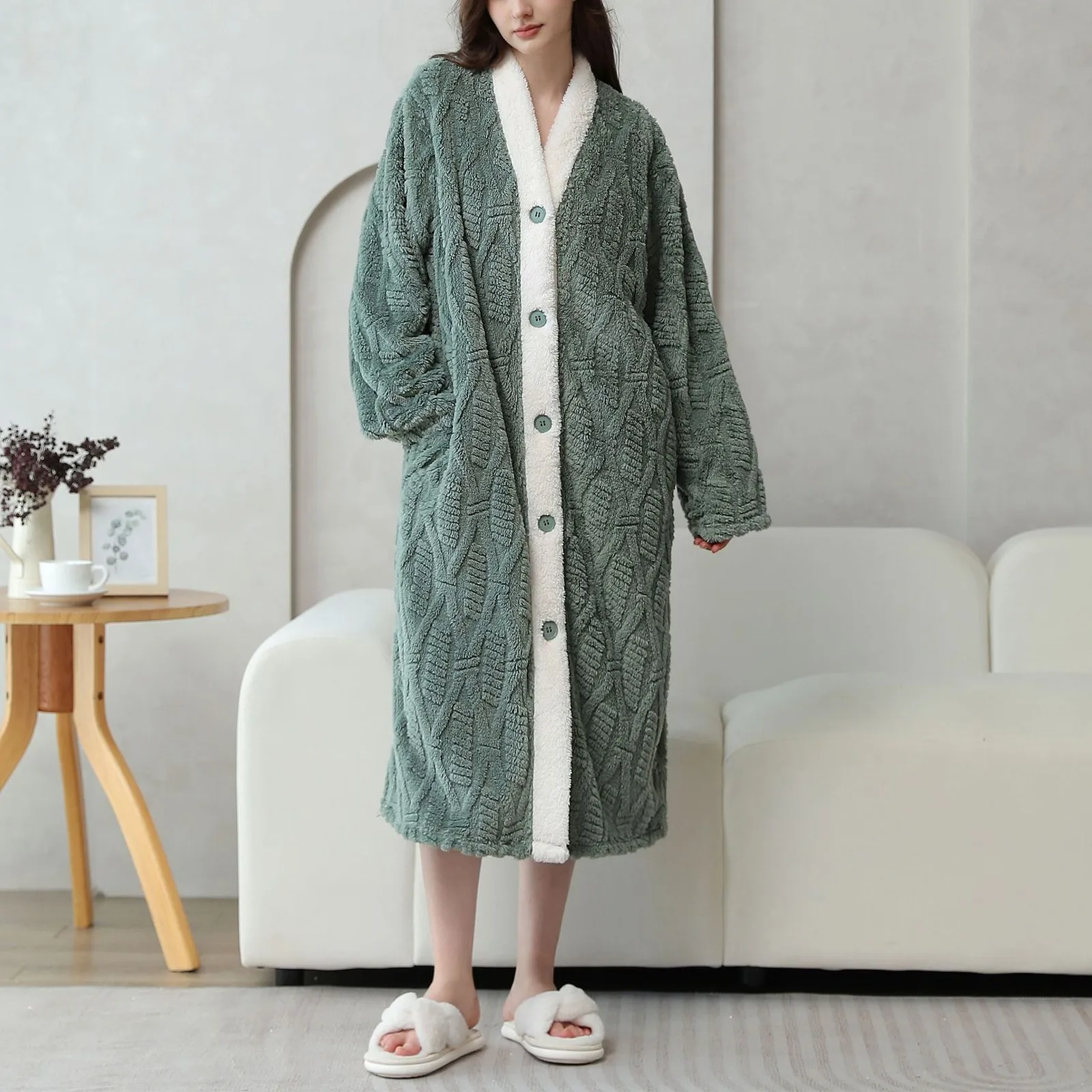 Women's Plush Nightdress Autumn Winter Thickened Cashmere Single Breasted Robe Bathrobe Cardigan Long Homewear