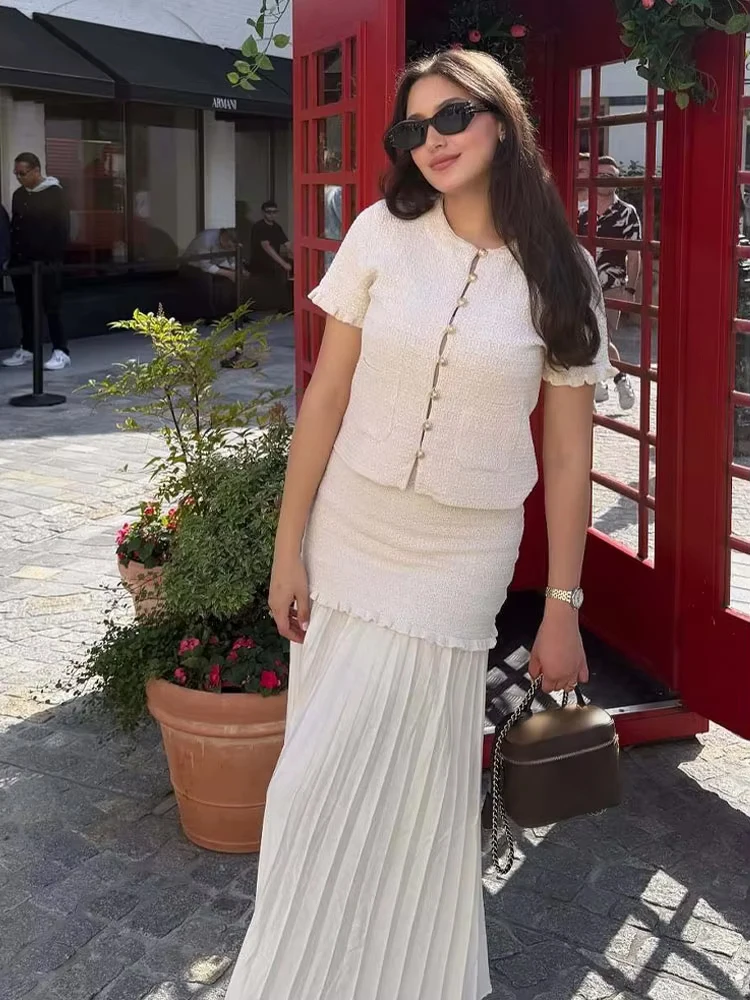 HH Women Summer Sexy Laminated Decoration Single-breasted Knitted Short-sleeved Top+Temperament High Street Long Skirt Suit