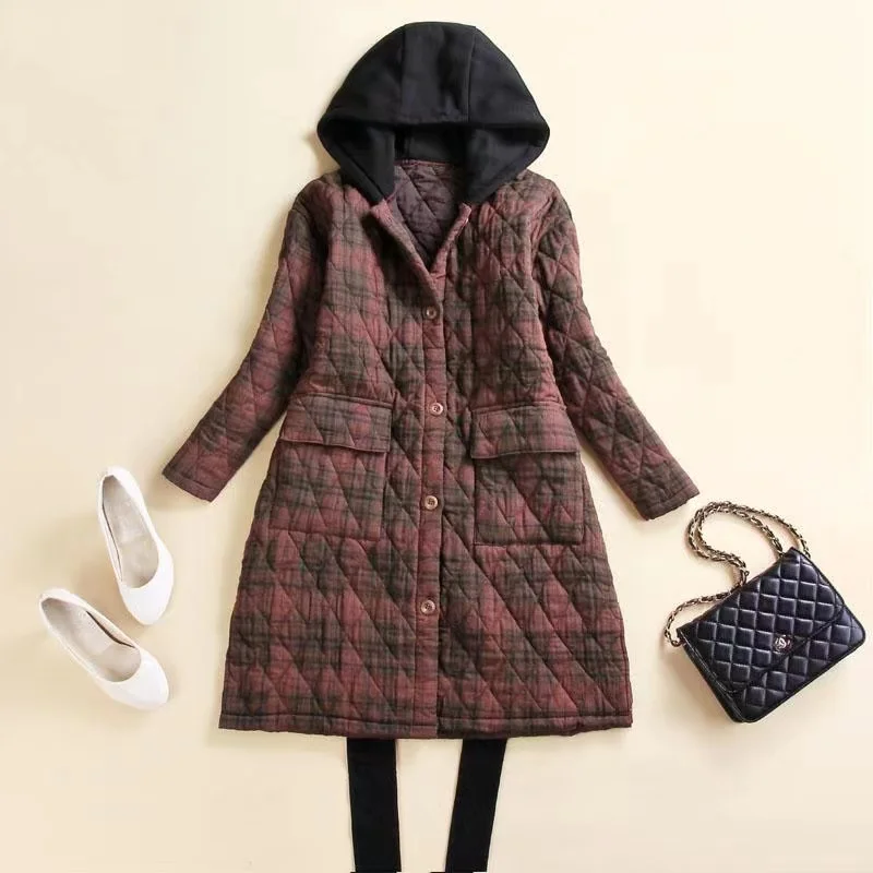 Vintage Plaid Women Clothes 2024 New Autumn Winter Casual Loose Cotton-Padded Hooded Coats Office Lady Outerwear Parkas Coat