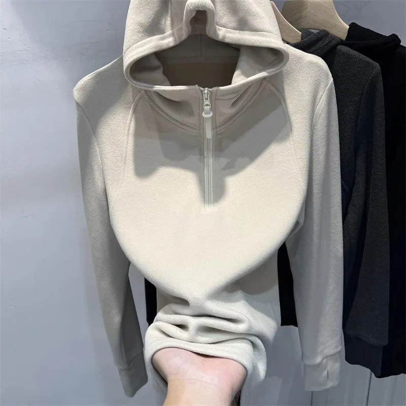 

Ретро-американский двусторонний велюровый худи-свитшот с молнией и длинными рукавами для женщин, базовый слой, топ с молнией, длинный рукав