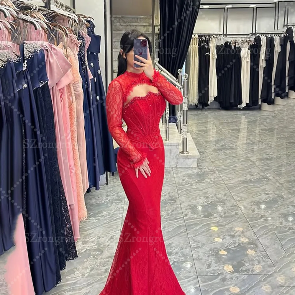 

Custom Made Luxury Boat Collar Pleated Beading Lace Evening Gown Mermaid Sexy Long Saudi Arab Dress with Jackets Train