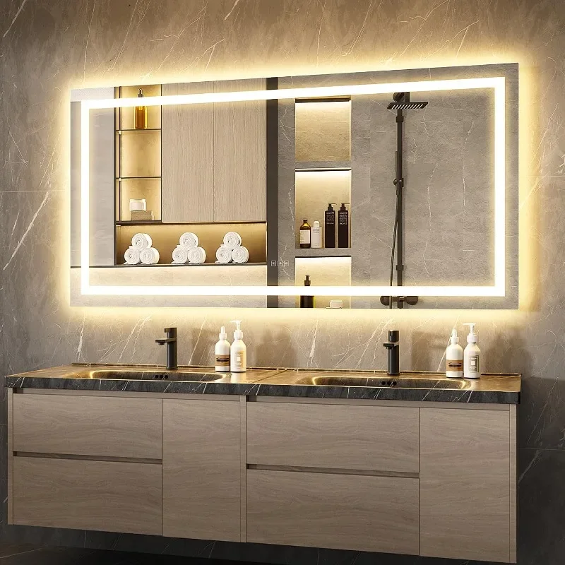 With Lights Size Optional,LED Bathroom Mirror with Backlit & Front-Lighted,Stepless Dimmable Wall Mirrors with Anti-Fog