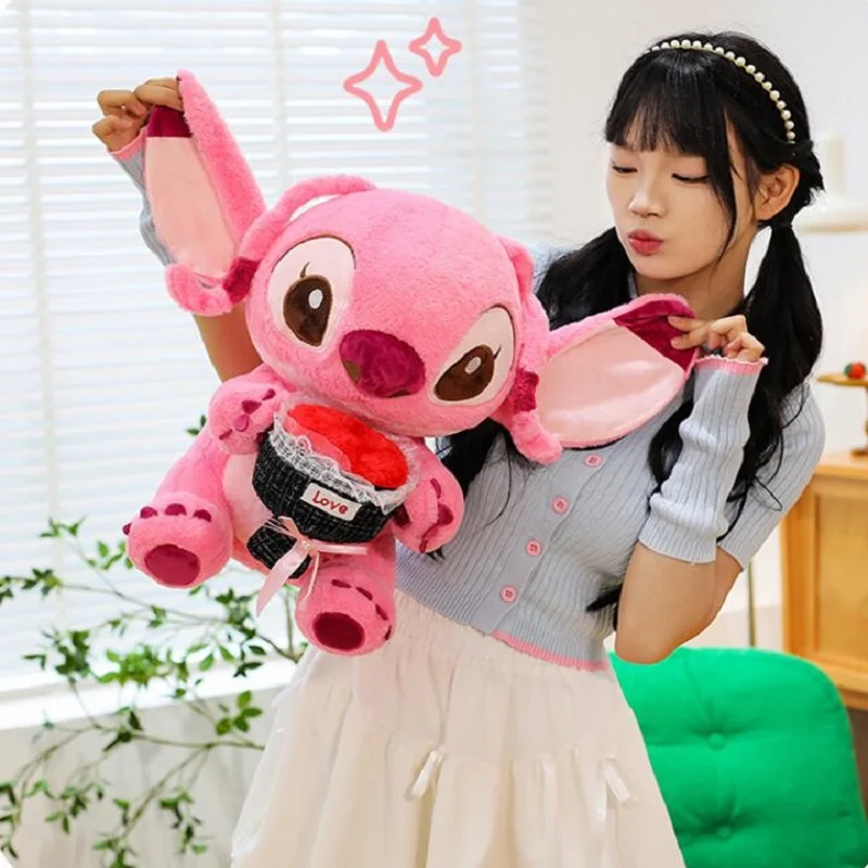 릴로와 스티치 디즈니 봉제 인형 커플 만화 애니메이션 봉제 인형 귀여운 발렌타인 데이 로즈 스티치 인형 봉제 인형 어린이 크리스마스 선물