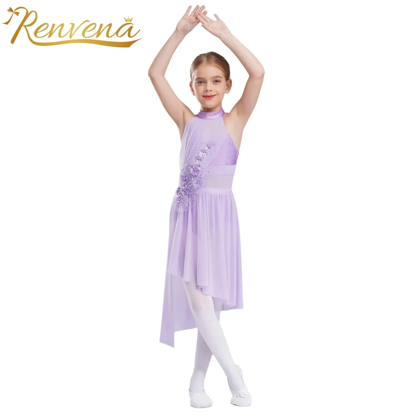 Girls Lyrical Dance Dress Contemporary Dancewear Applique High-Low Chiffon Splice Skirted Fancy Skating Costume Ballet Dresses