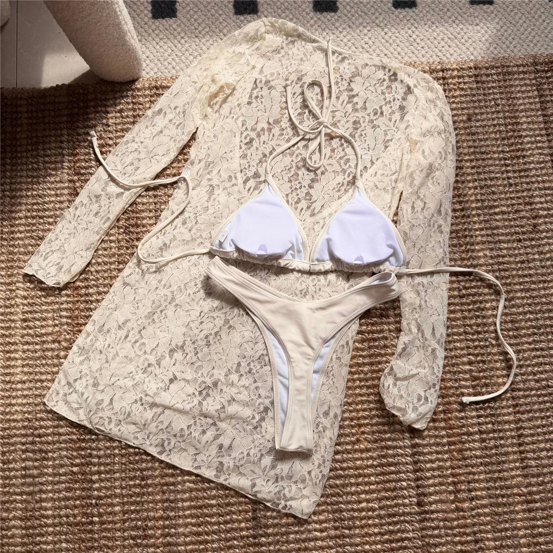Mit langen Ärmeln, als Überwurf getragen, Neckholder-Bikini, Damen-Badeanzug, dreiteiliges Bikini-Set, Damen-Bademode, Badeanzug, Schwimmanzug V6695 – Detail 12
