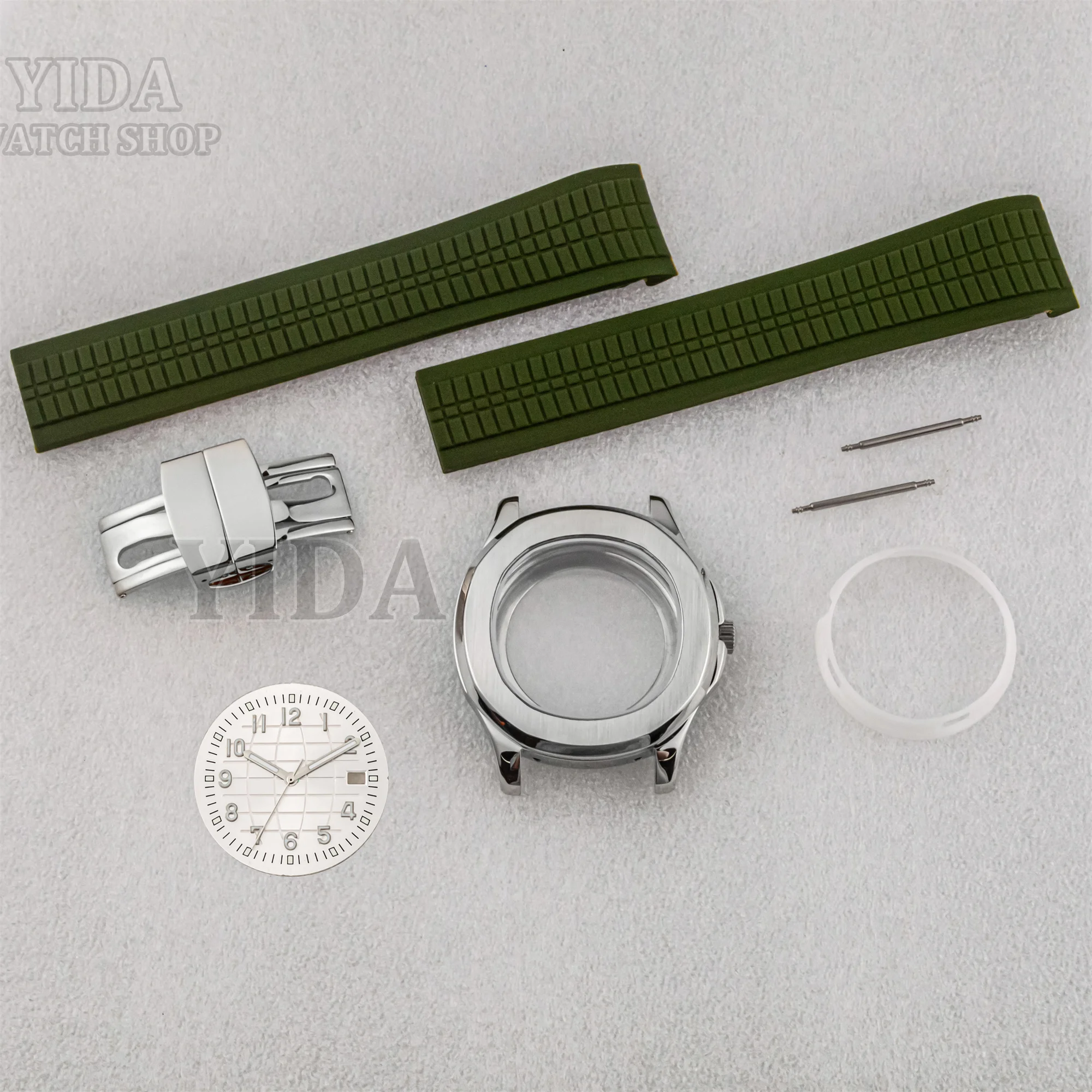 42mm NH35 Case Mod Watch Case 32MM Dial Silver Case Rubber Band Green Luminous Hands for AQUANAUT Nautilus NH35 Movement Parts