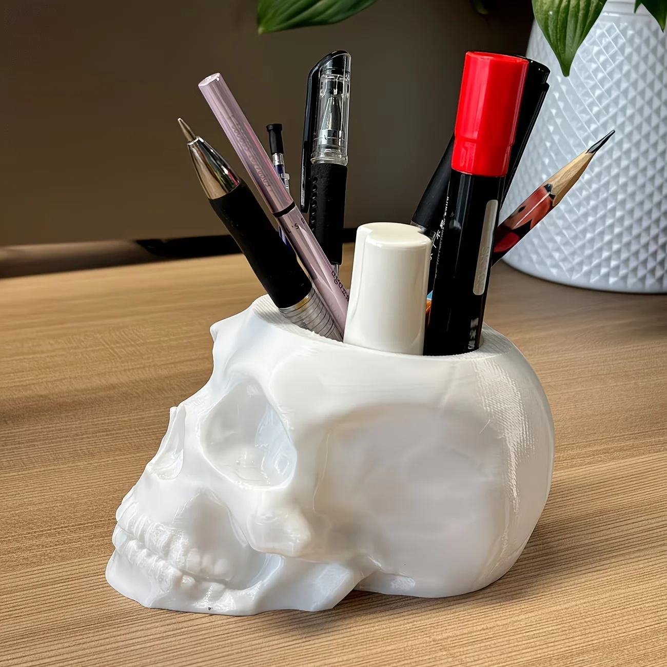 Totenkopf-Stifthalter Totenkopf-Make-up-Pinselhalter Totenkopf-Pflanzgefäß, Gothic-Dekorationen für Zuhause Büro Innenbereich Schreibtisch-Dekorationen – Detail 6