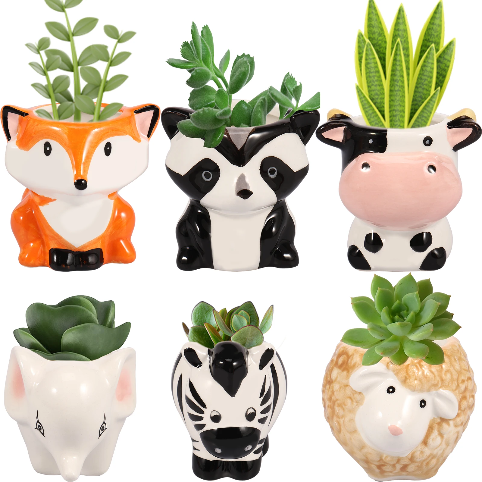 

6Pcs Animal Ceramics Planter Ceramic Succulent Pots with Drainage Hole Cute Cartoon Animal Shaped Succulent Planter Small Plant