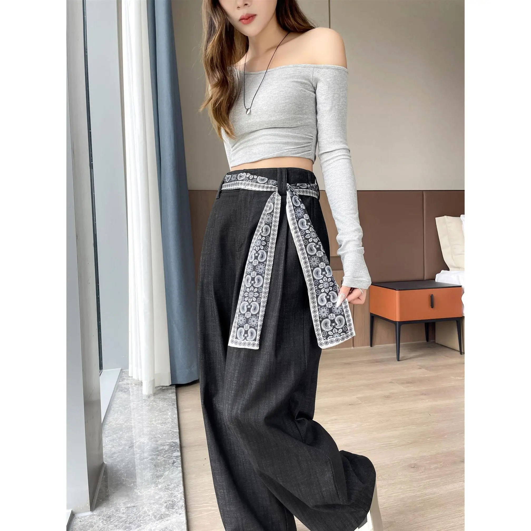 Women Pants Solid Loose Thick Warm Elastic Waist Wide Leg Trousers Female Ladies Sports Autumn Winterwide-leg pants