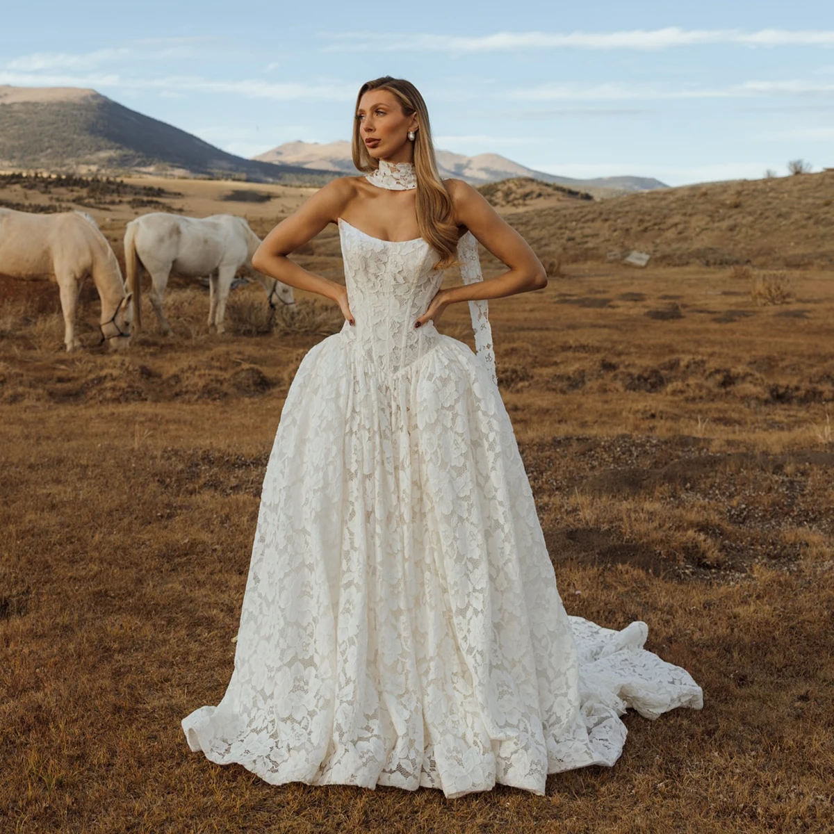 Western Style Lace Puffy Plus Size Wedding Ball Gowns Scoop Neck Customized Corset Basque V Neck Bridal Gowns With Neck Scarf