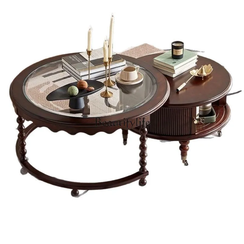 

American retro round solid wood coffee table combination French premium black antique tea table
