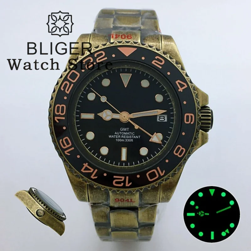 

BLIGER 43mm GMT Watch NH34A Automatic SEA Bronze Case Black Dial Rose gold Index Ceramic Bezel Sapphire Waterproof Wristwatch