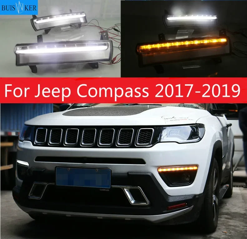 Daytime running light For Jeep Compass 2017 2018 2019 dynamic yellow turn Signal Light style Relay 12V LED car DRL fog lamp