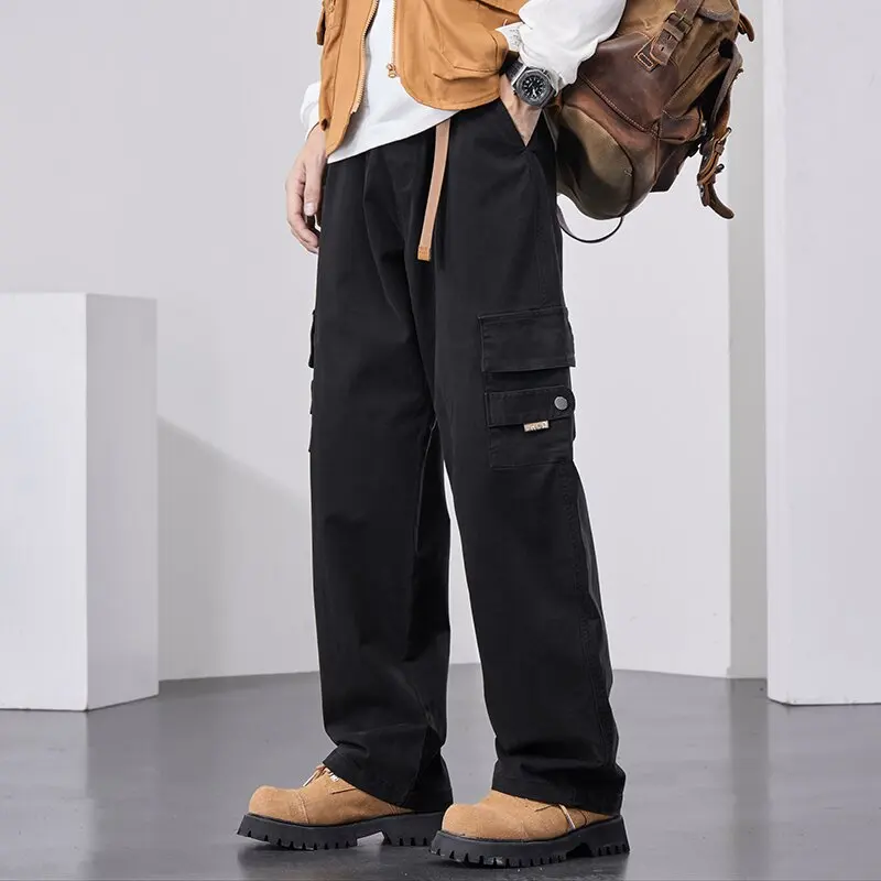 2024 Spring and Autumn New Fashion Solid Color Straight Leg Multi-Pocket Overalls Men's Casual Loose Sports Large Size Pants