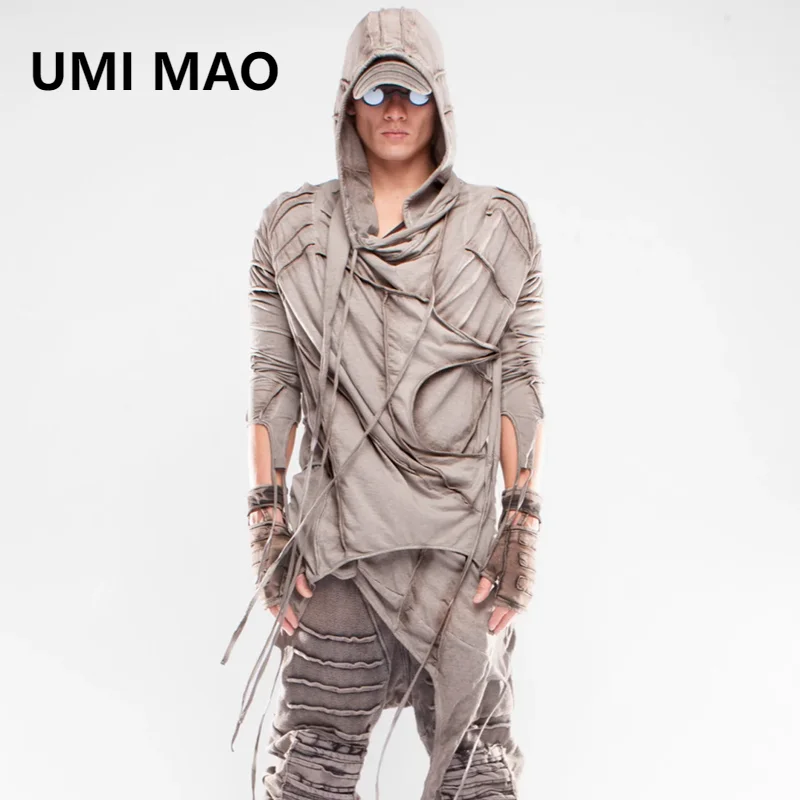 UMI MAO Dune Style Top With Waste Soil Asymmetric Vintage Dyed Old Hooded Cape T-shirt For Men Top