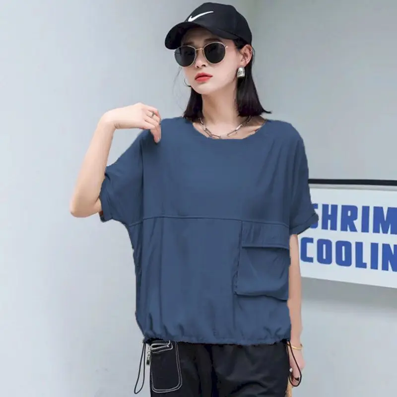 Fashion Drawstring T Shirts Women Loose Drape Design O-neck T-shirt Casual Pocket Short Sleeve Oversized Top Summer Trend Tshirt