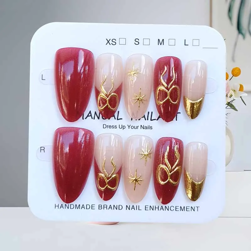 10Pcs French Style Almond Shape Gilded Flower Fake Nail Press on Nails Manicure Pink Gradient with Bowknot Cat Eye Fake Nails