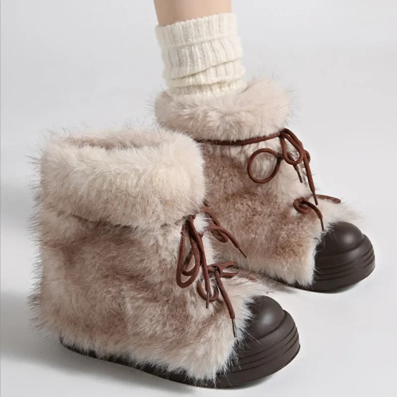 

Women Snow Boots Retro Hairy Mid calf Boots Winter Shoes Warm Cold Resistant Thick Sole Height Women Boots sandalias femininas