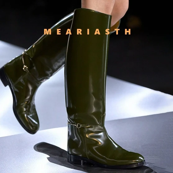 

2026 Solid Patent Leather Long Boots Knee-High Low Heels Slip on Round Toe Boots Fashion New Casual Large Size 35-44 Women Shoes