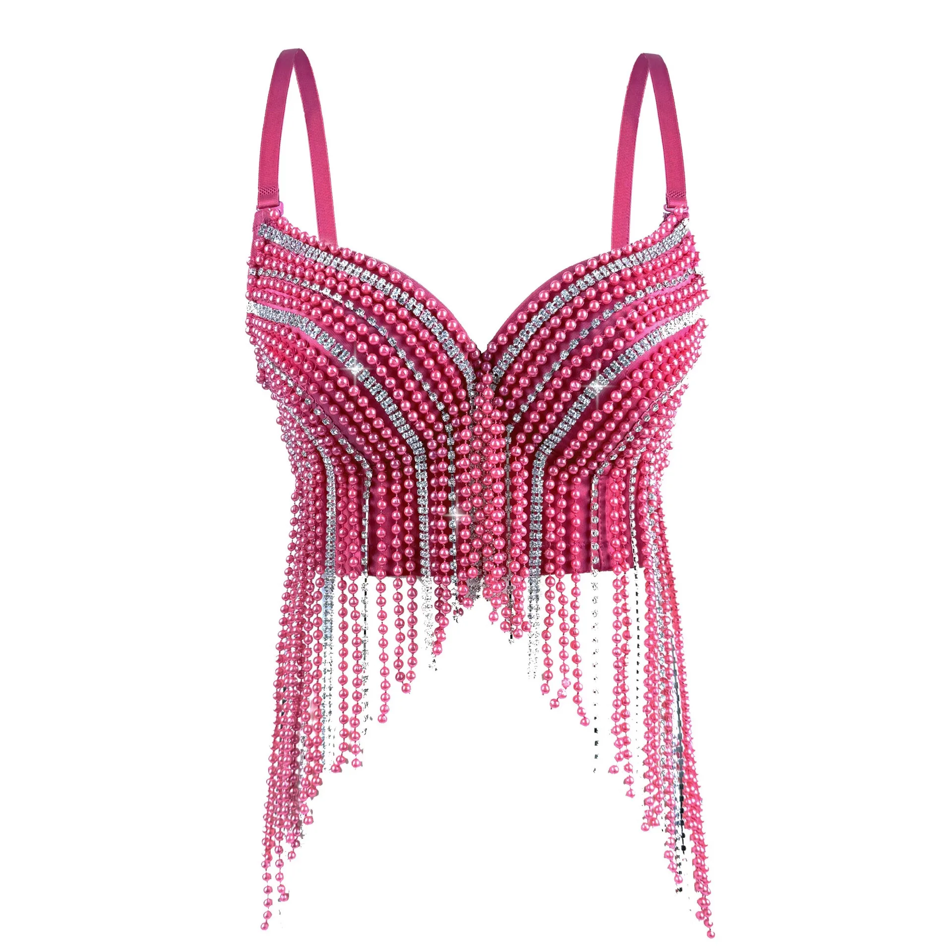 

Summer Sexy Pure Desire Pearl Diamond Chain Tassel Strap Top Stage Fishbone Outerwear Bra Women's Knitted Tube Top