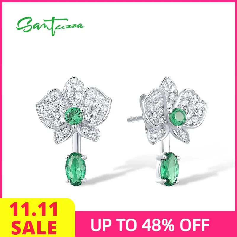 

SANTUZZA Real 925 Sterling Silver Stud Earrings For Women Sparkling White CZ Green Spinel Flower Dangling Delicate Fine Jewelry