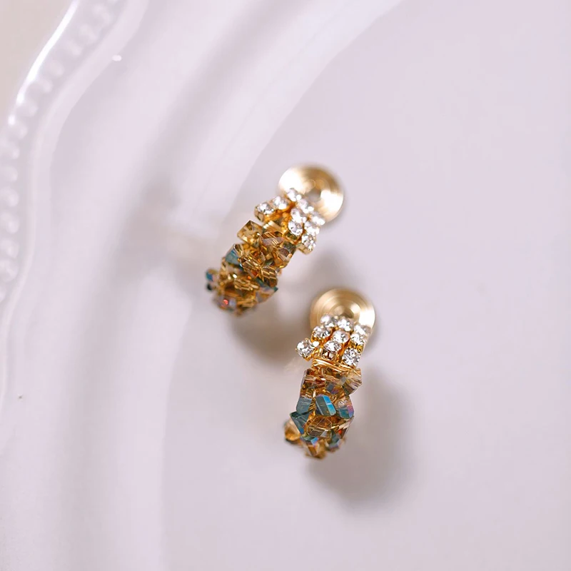 Korean Charm Sparkling Rainbow Crystal Clip on Earrings for Women Small Exquisite Luxurious Fashion Wedding Party Jewelry