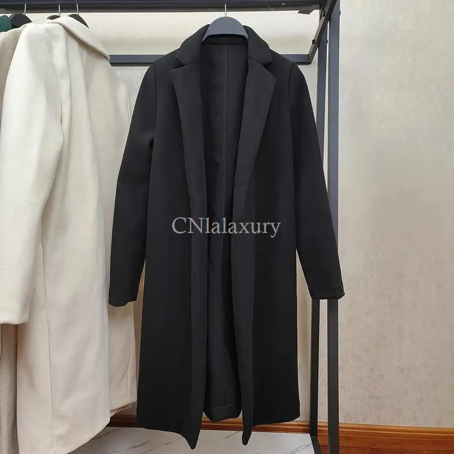 CNlalaxury 2024 Spring Women\'s Lapel Long Sleeve Medium Length Cardigan Woolen Coats Female Casual Straight Tube Jacket Outwear