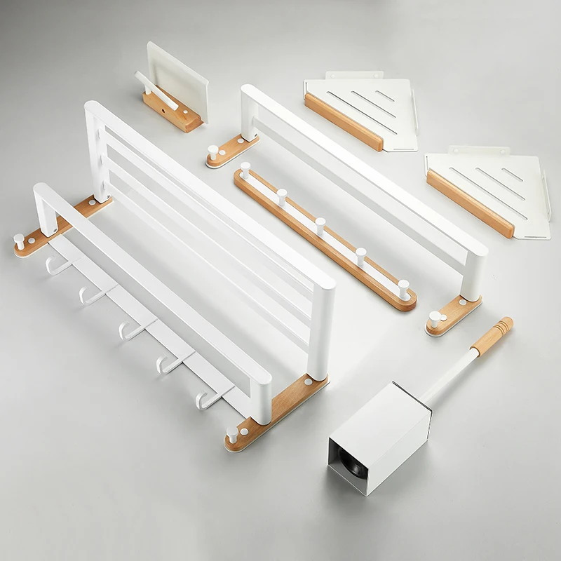 Beech wood White Double Towel Bars Bathroom Towel Hanger Space Aluminum Bathroom Accessories Towel Rack Toilet Brush