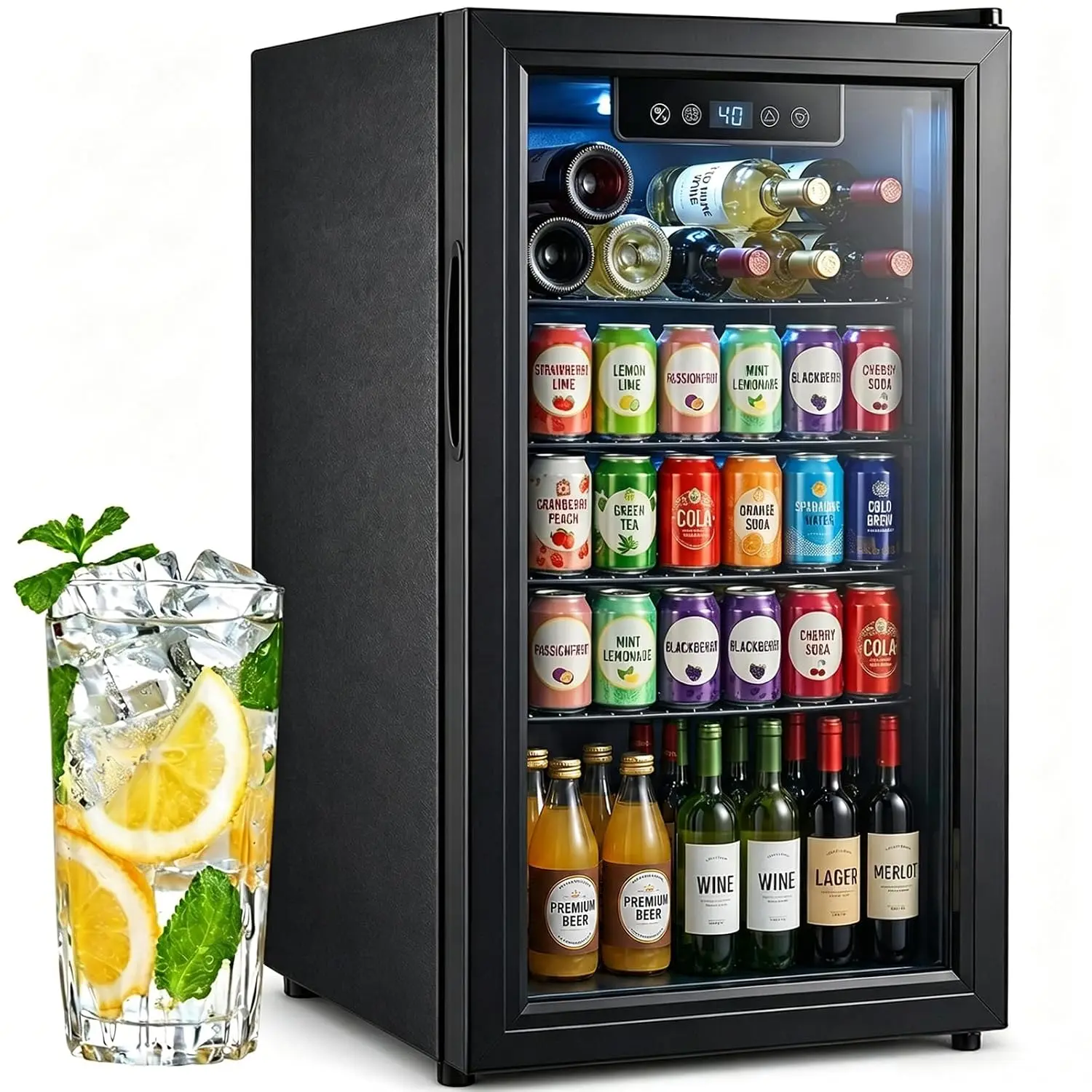 Refrigerador para Bebidas de 3.2 Pies Cúbicos con Puerta de Vidrio y Enfriamiento por Aire, Control Electrónico de Temperatura para Cerveza, Vino y Refrescos, para Hogar, Oficina o Bar, Personalizable