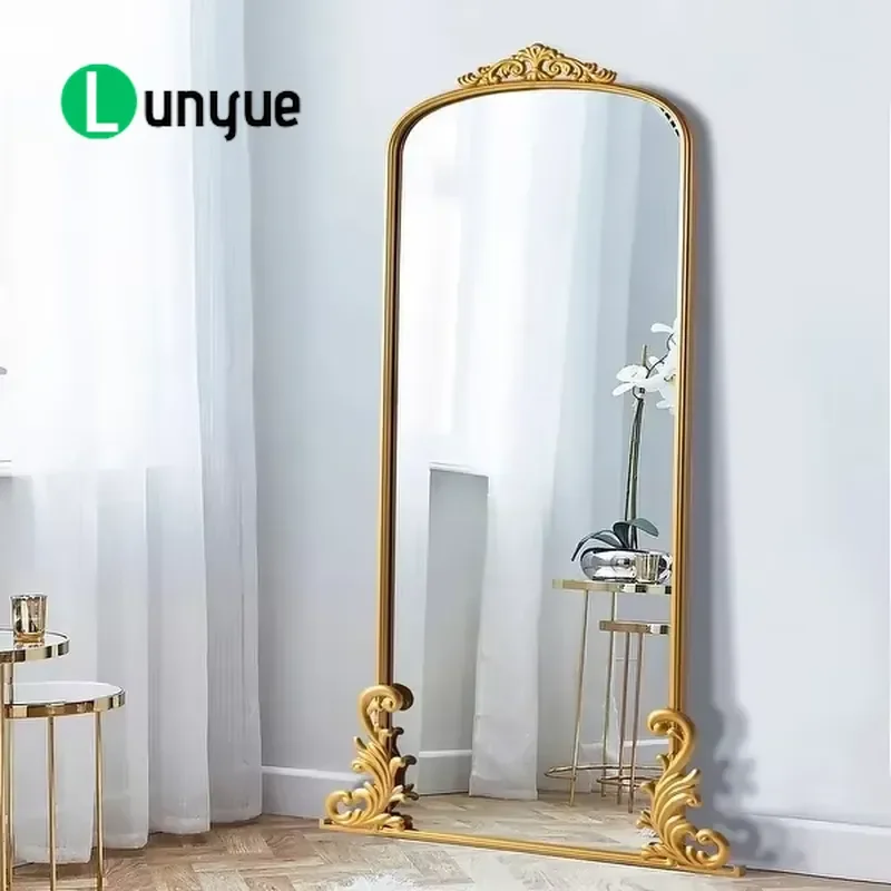 Gold French Curved Floor Mirror Full Length Standing Decorative Dressing Mirror for Bedroom Living Room Home Decor Elegant