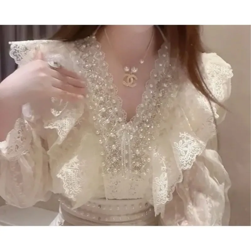 2024 Autumn New Temperament Office Lady Pearl Multi-layer Lace Shirt Bubble Sleeve V-neck Slim Fit Women Blouse Top