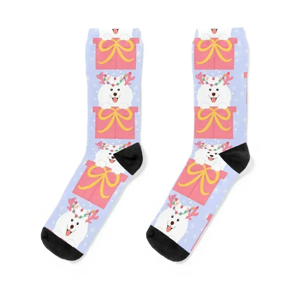 

Christmas Reindeer Samoyed in a Gift Box Socks floor Stockings compression japanese fashion cool Socks Girl Men's