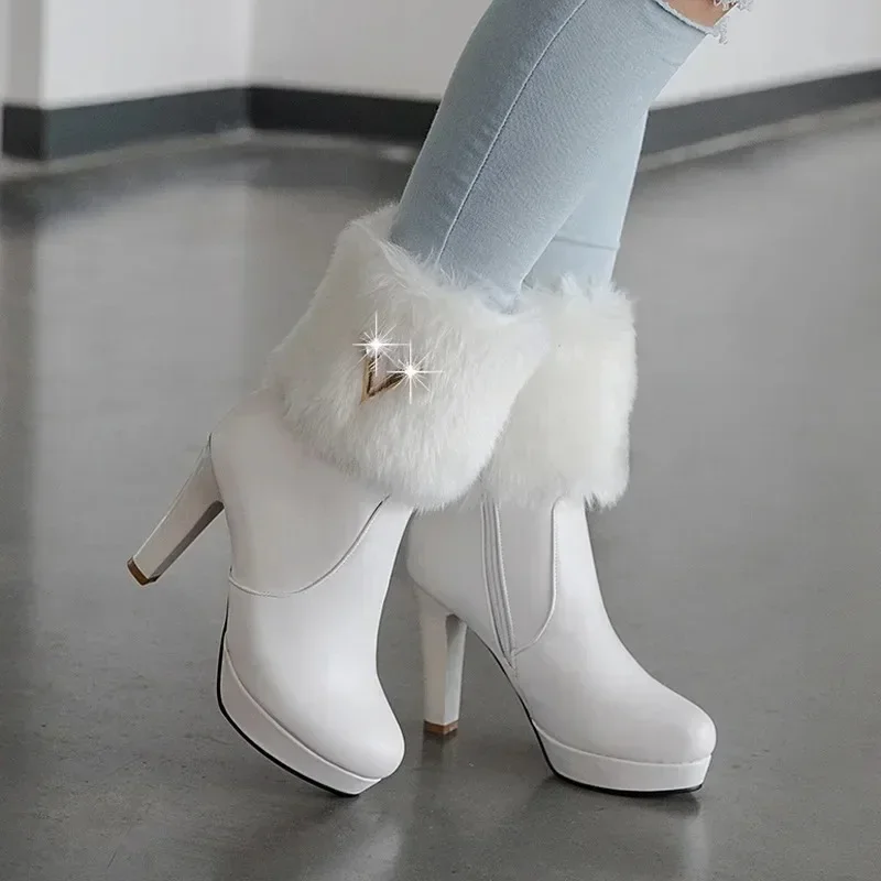Womens Ankle Boots Bowtie Lovely Lolita Winter Fashion High Heel White Black Fur Ladies Party Wedding Shoes 35-42