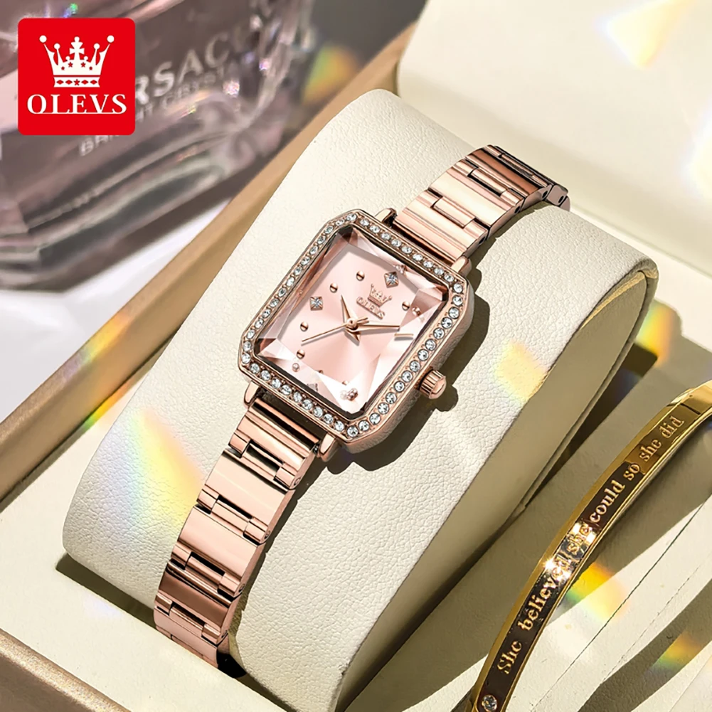 OLEVS Brand Luxury Imported movement Quartz Watch Women Stainless Steel Rose Gold Wristwatches Fashion Square Watches Women's