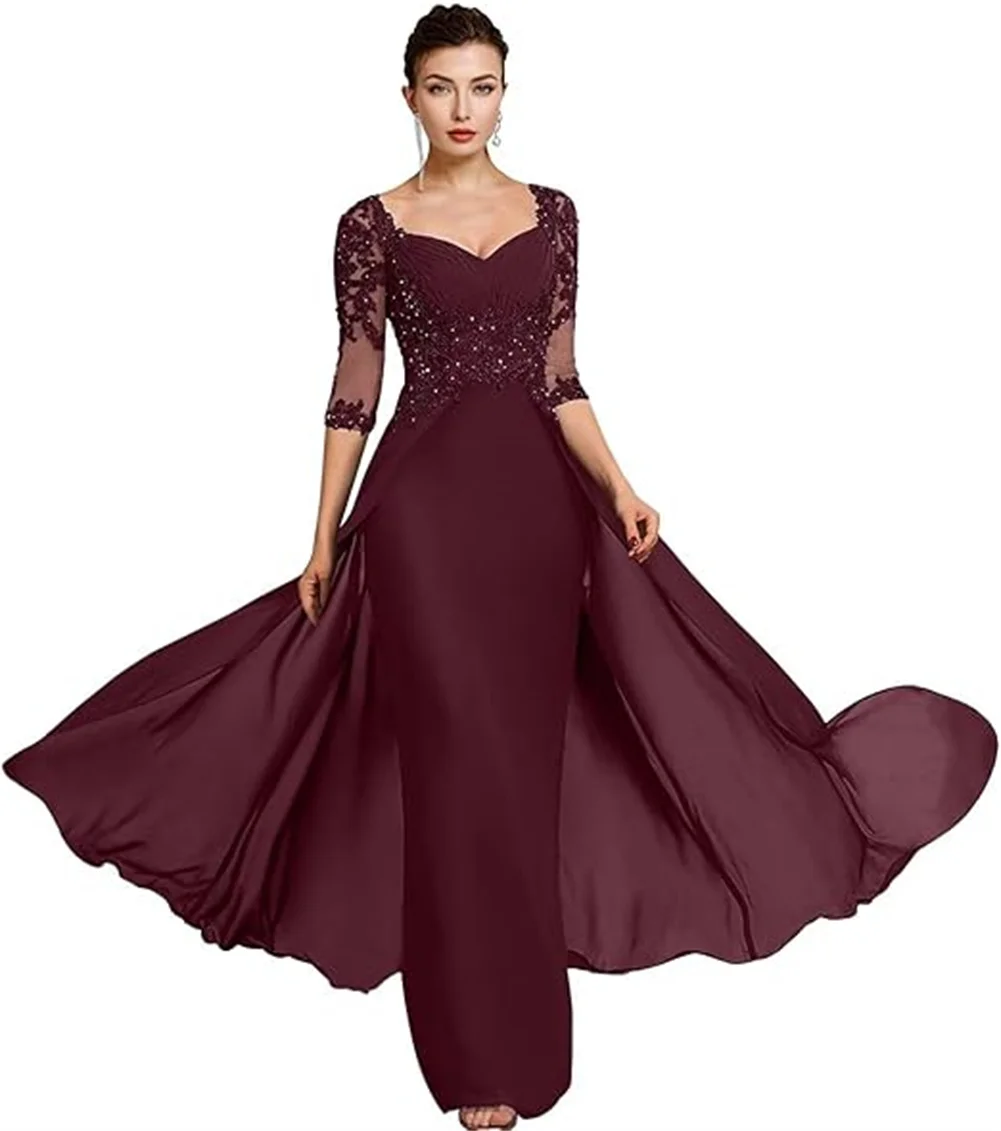 

Customized Women's Laces Appliques Pleated Chiffon Mother Of The Bride Dresses 3/4 Sleeves Sweet Long Formal Prom Evening Gowns