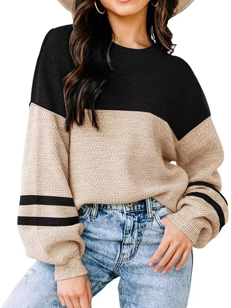 Patchwork Striped Loose Knit Sweater Women Long Sleeve Knitting Pullover Tops Streetwear New In Knitwears Autumn Winter Sweaters