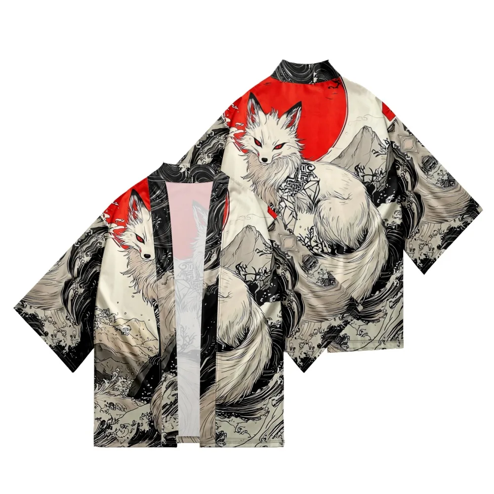 الصينية الأبيض الثعلب طباعة سترة كيمونو النساء الرجال اليابانية Haori تأثيري قمصان أزياء الشاطئ يوكاتا حجم كبير #3