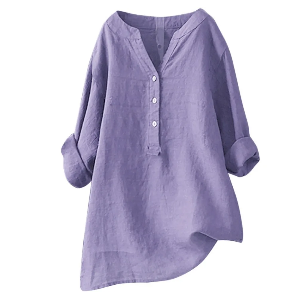 Solid Colors Cotton Linen Shirts Casual Loose Blouse Oversize Long Sleeved V Neck Tops Women Plus Size Clothing Spring Tunic