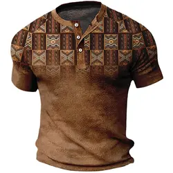 Summer Ethnic Style 3D Print Henley Shirts Men's Vintage Streetwear Button-Down Short Sleeve T Shirt Man Male Tees Tops Clothing