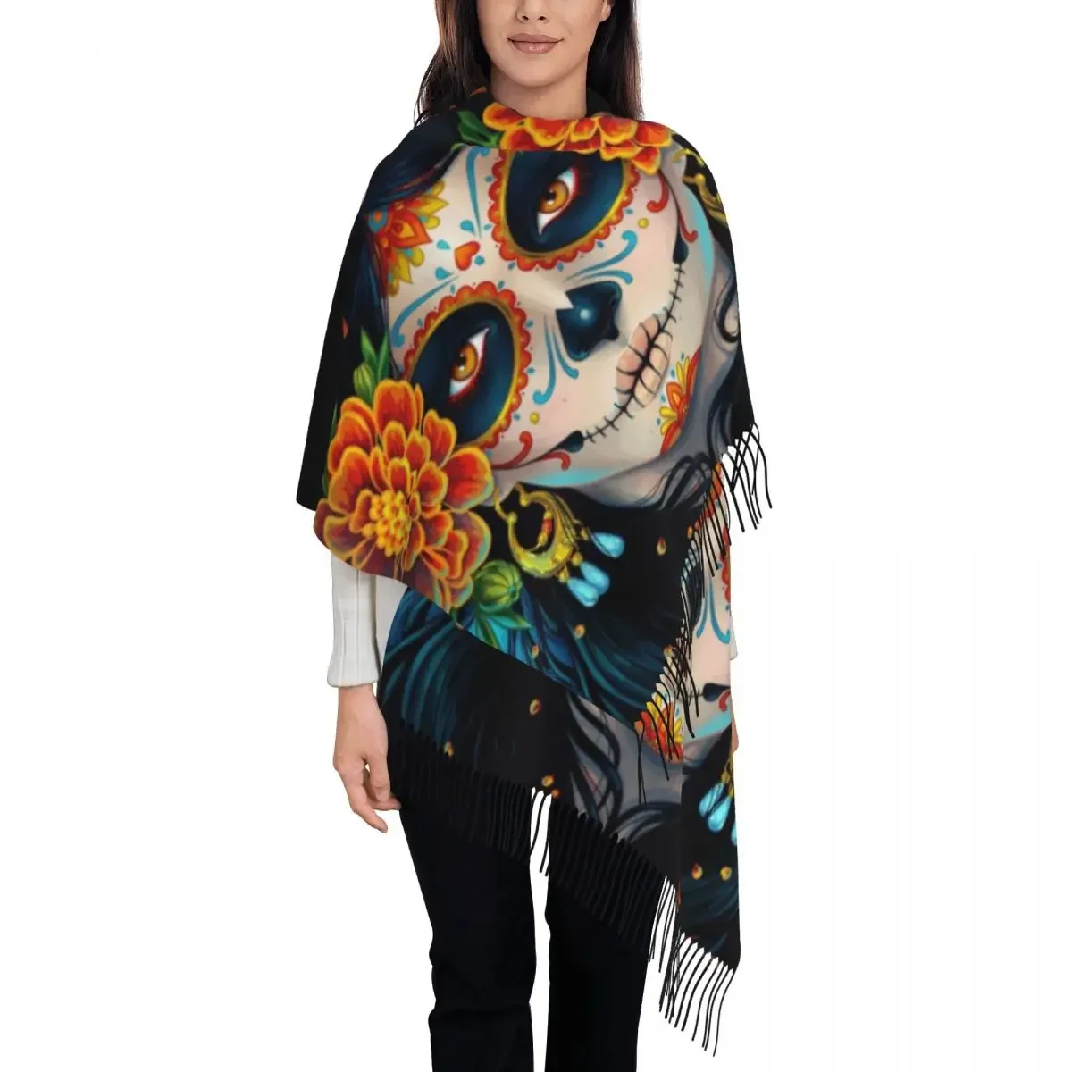 Custom Day Of The Dead Sugar Skull Girl Tassel Scarf Women Soft Horror Mexican Calavera Catrina Shawl Wrap Lady Winter Scarves