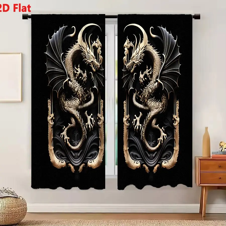 2Pcs Curtains 2D Flat Golden Dragon Symmetrical Panels With Bat Wings And Ornate Pillars Window Drapes for Bedroom Room Decor De