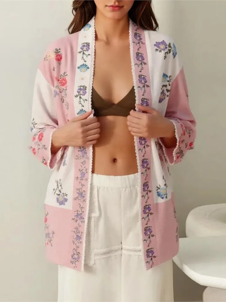 

Floral Embroidery Cardigan Blouse For Women 2025 New Autumn Casual Loose Long Sleeve Shirts Office Lady Elegant Chic Outerwear