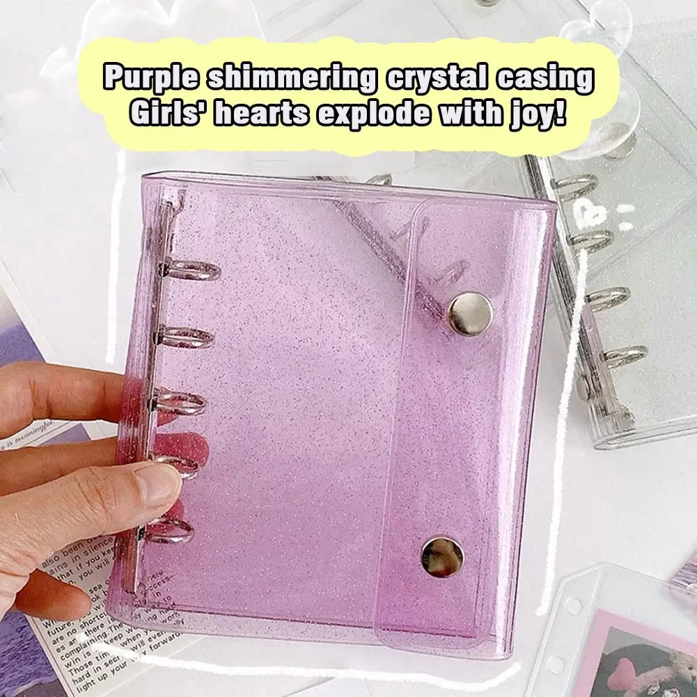 PVC Notebook Cover 5 Ring Binder with Sparkle Embellishments Multifunctional Transparent Storage Pockets for Journaling Study