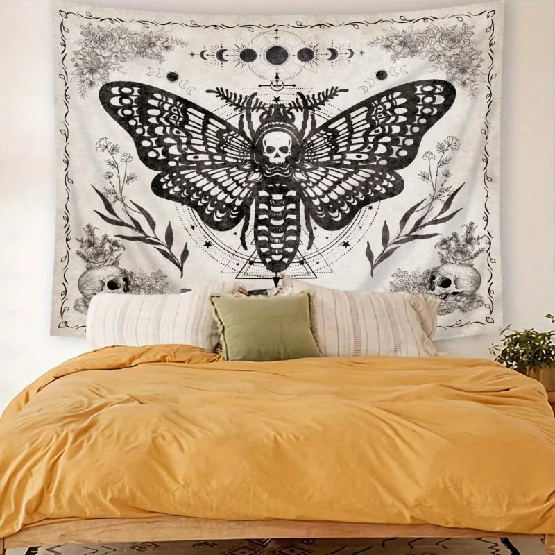 VIKAMA Night Moth Skull Wandteppich, Gothic-Stil, Schlafzimmer-Dekoration, dunkles Themenraum, Akzent, Party, Wohnzimmer, Heimdekoration