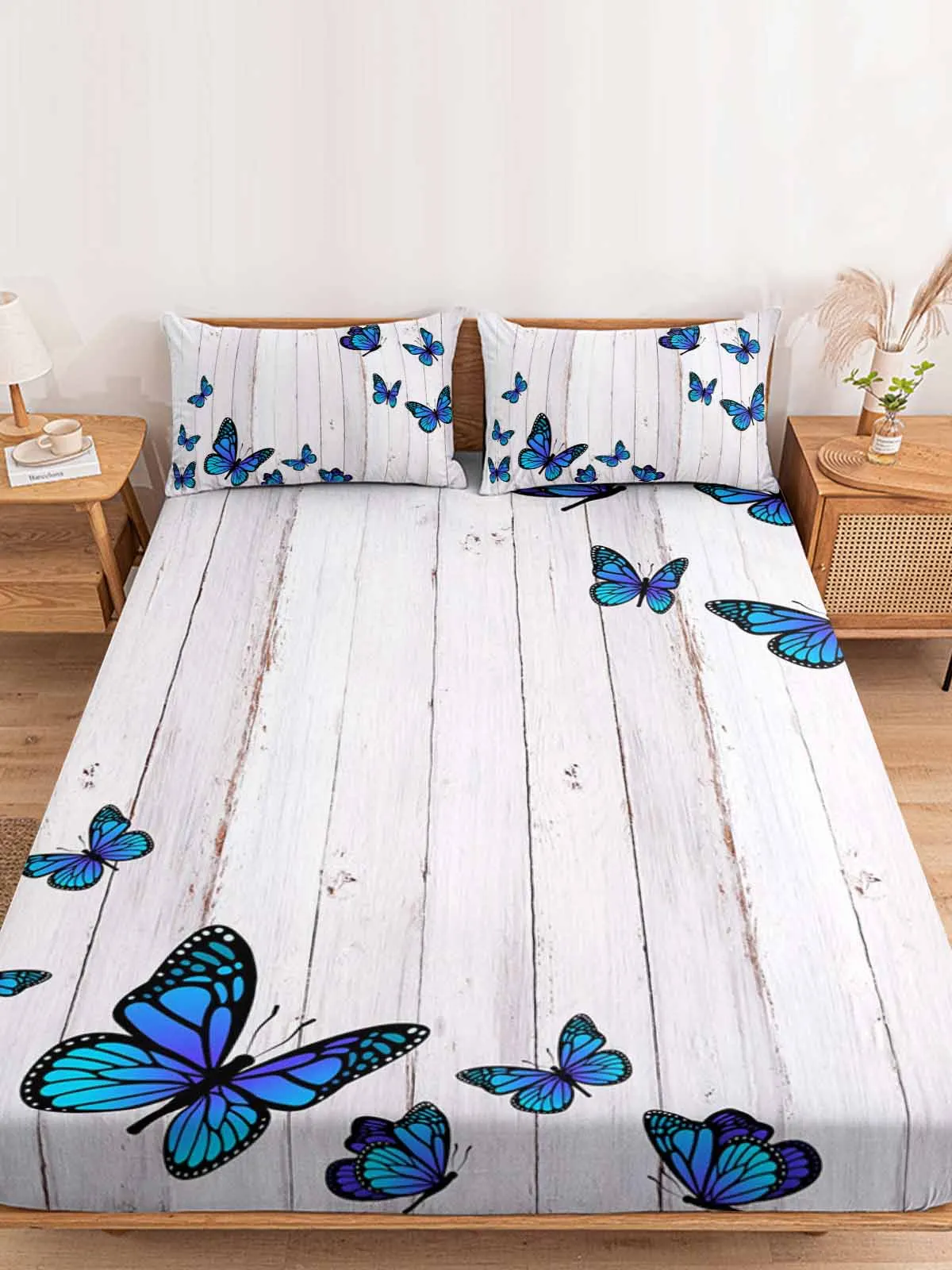 Wood Grain Retro Blue Butterfly Fitted Bed Sheet Cover Elastic Band Anti-slip Mattress Protector for Single Double King