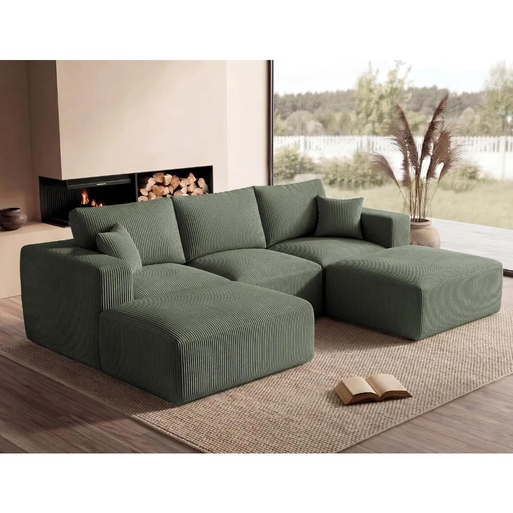 115" Modular Boneless U Sectional Sofa with Chaise, Corduroy Floor Couch for Living Room, High-Density Foam , Custom