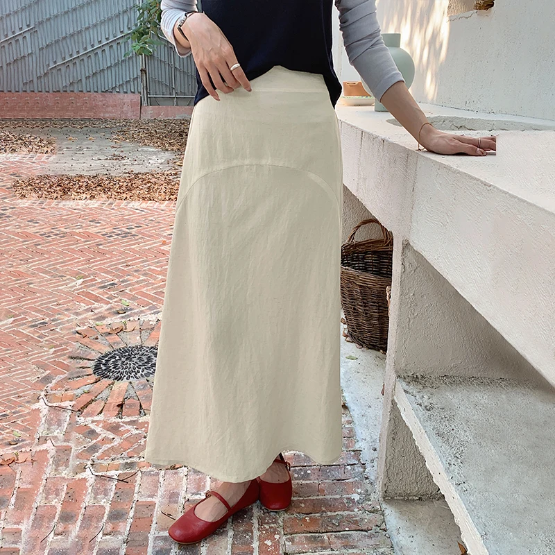 

LanCharm Korea Summer Commuting Linen Skirt High-Waisted Patchwork Casual Dress Cool and Simple Slit Skirt